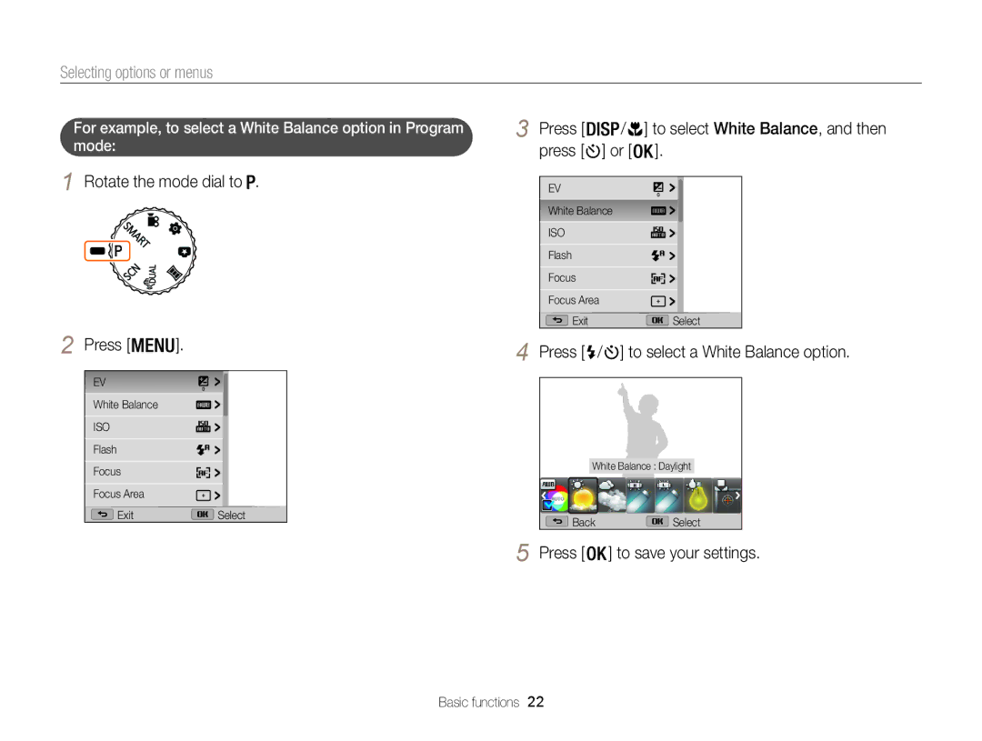 Samsung ECWB100ZBABUS Selecting options or menus, Rotate the mode dial to Press, Press / , Press to save your settings 